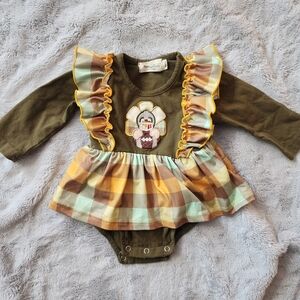 3-6mos Olive Embroidered Turkey Ruffle Bubble